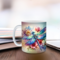 Floral insect-themed tea mug. Custom name dragonfly coffee cup. Floral insect-themed tea mug. Sitting on a table with favorite book.